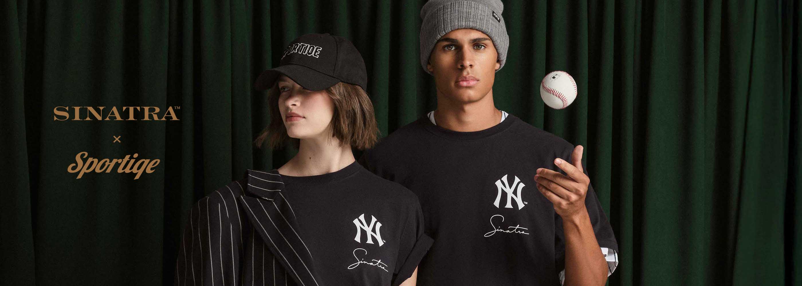 FRANK-SINATRA-SPORTIQE-COLLECTION-TWO-MODELS-WEARING-BLUE-DUKE-SHIRTS-WITH-NYY-SINATRA-LOGO