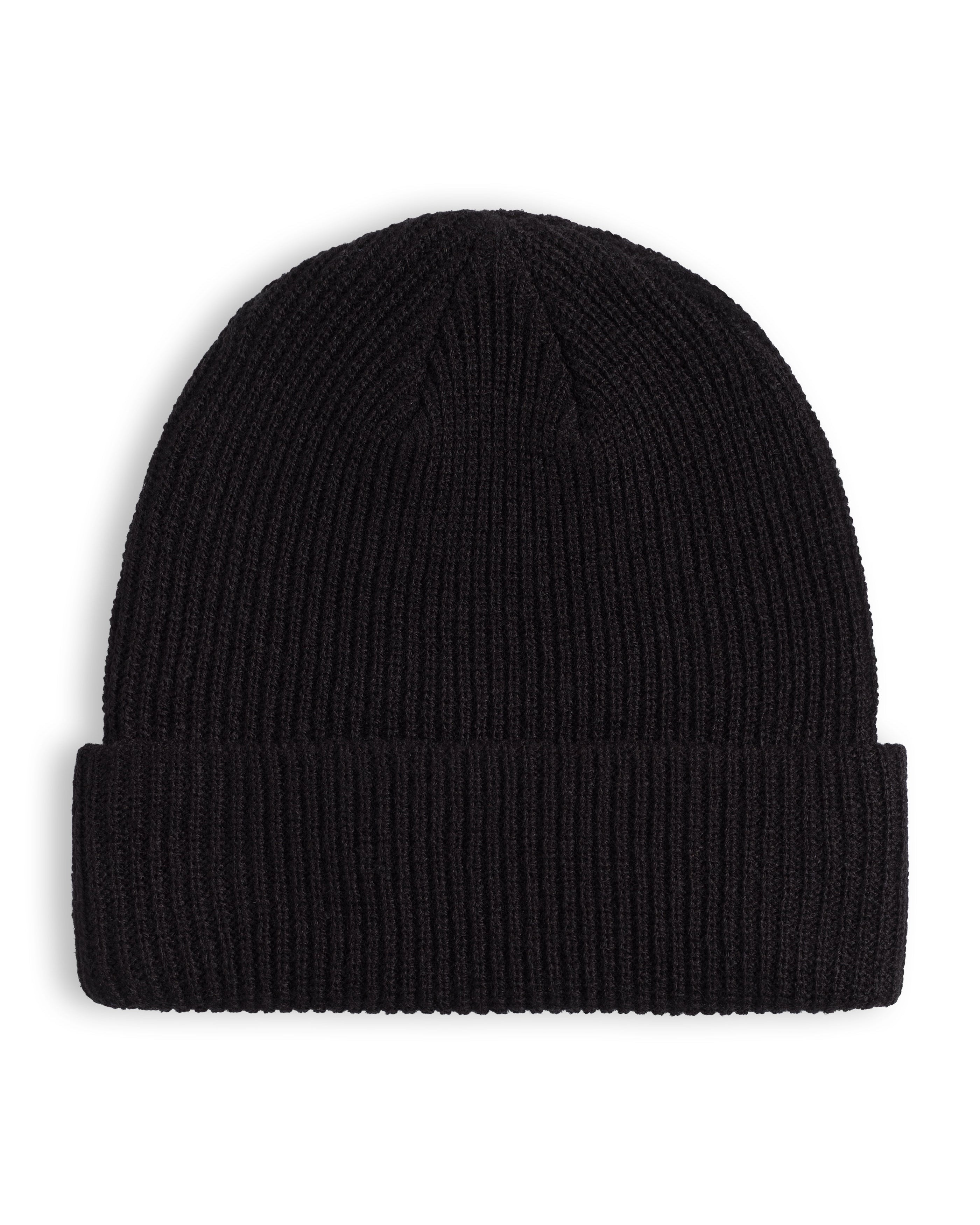 Black knit beanie on a white background