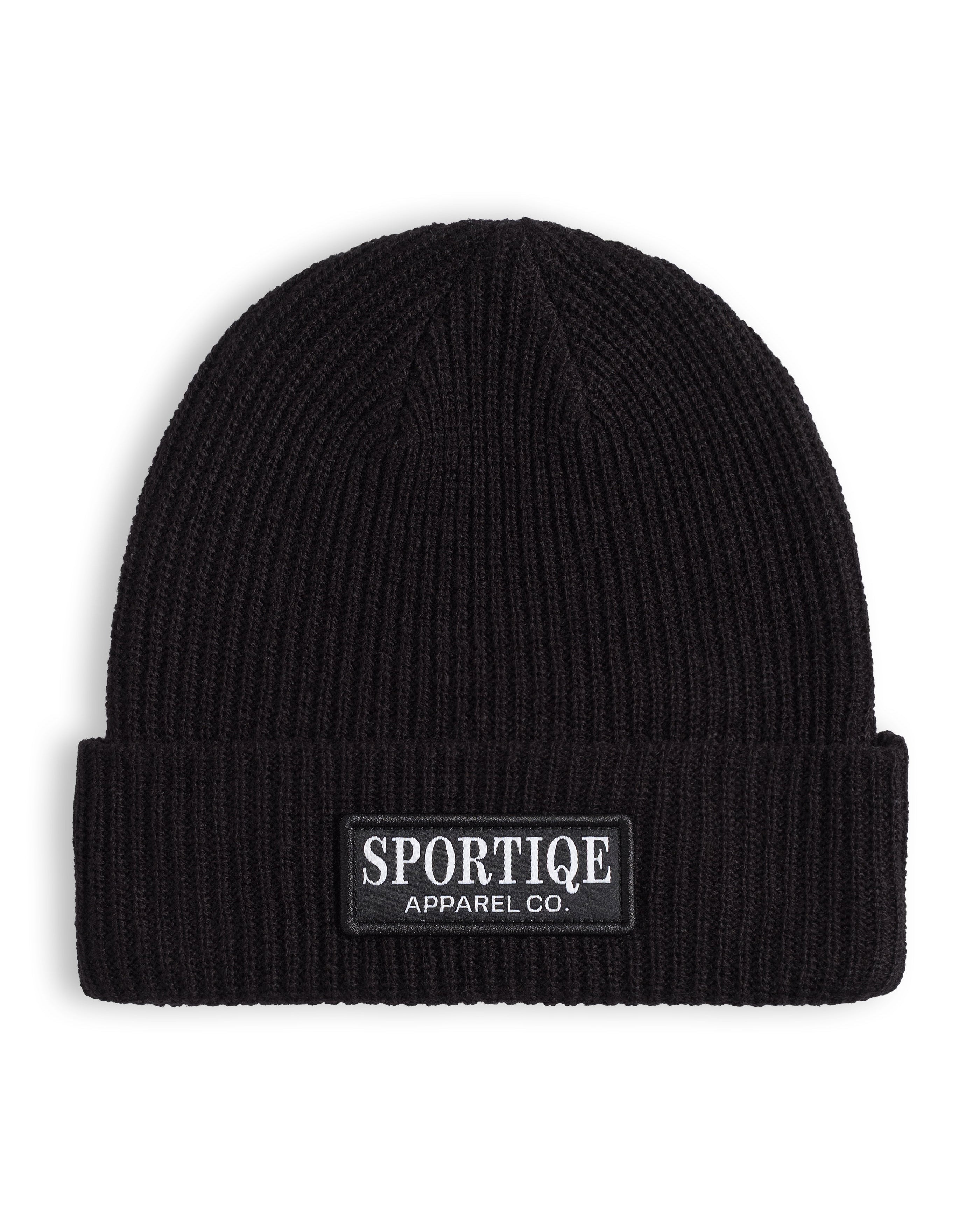 Black beanie with Sportiqe label on a white background