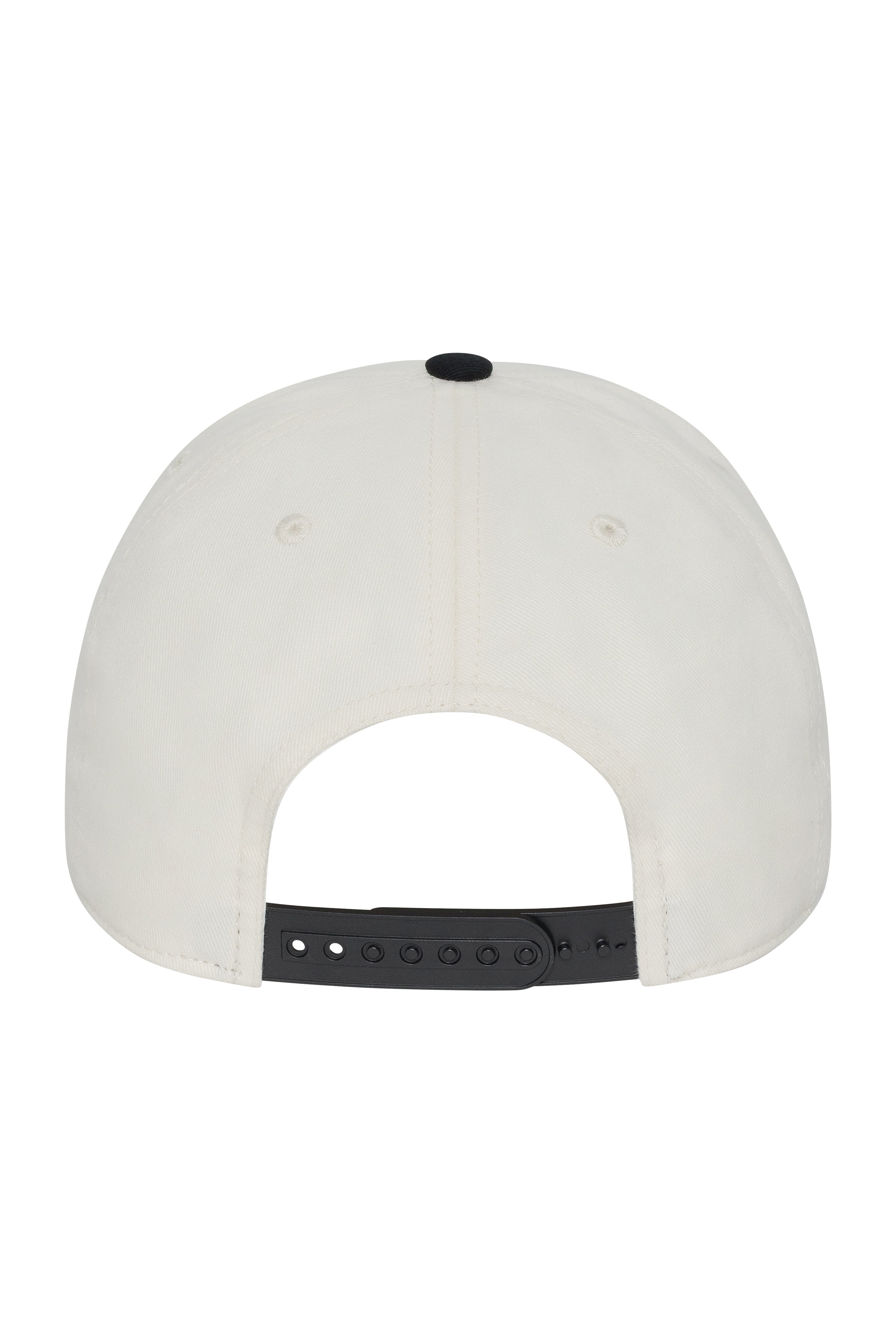 White cap with black brim on a white background