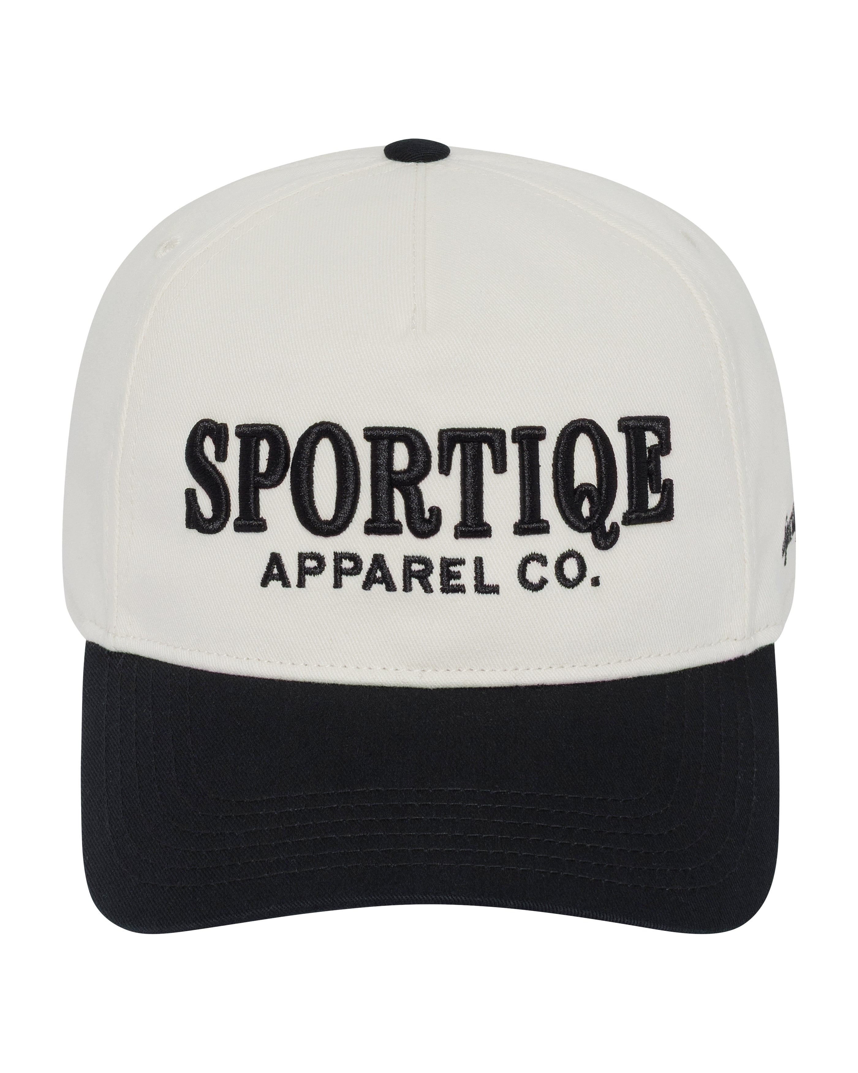 Black and white cap with 'Sportiqe Apparel Co.' text on a white background